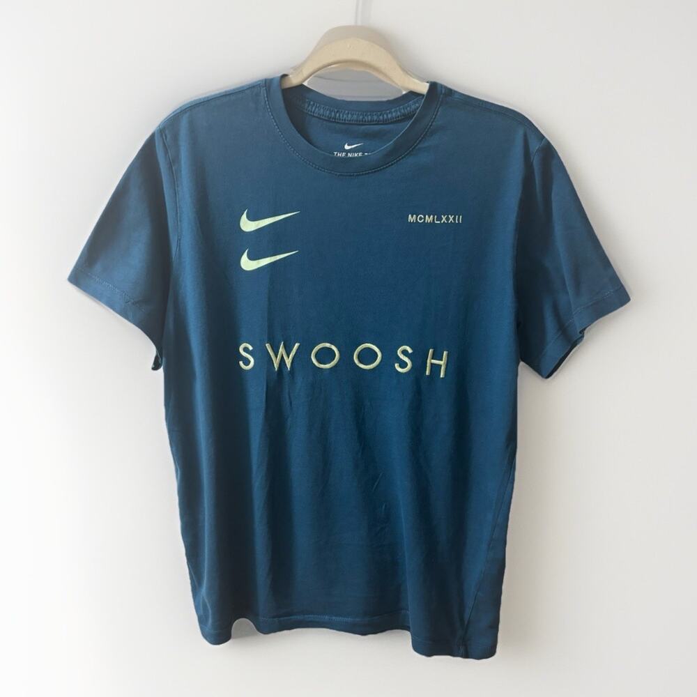 Nike Double Swoosh Tee Shirt Mens LARGE Blue Crew Embroidered Cotton basketball